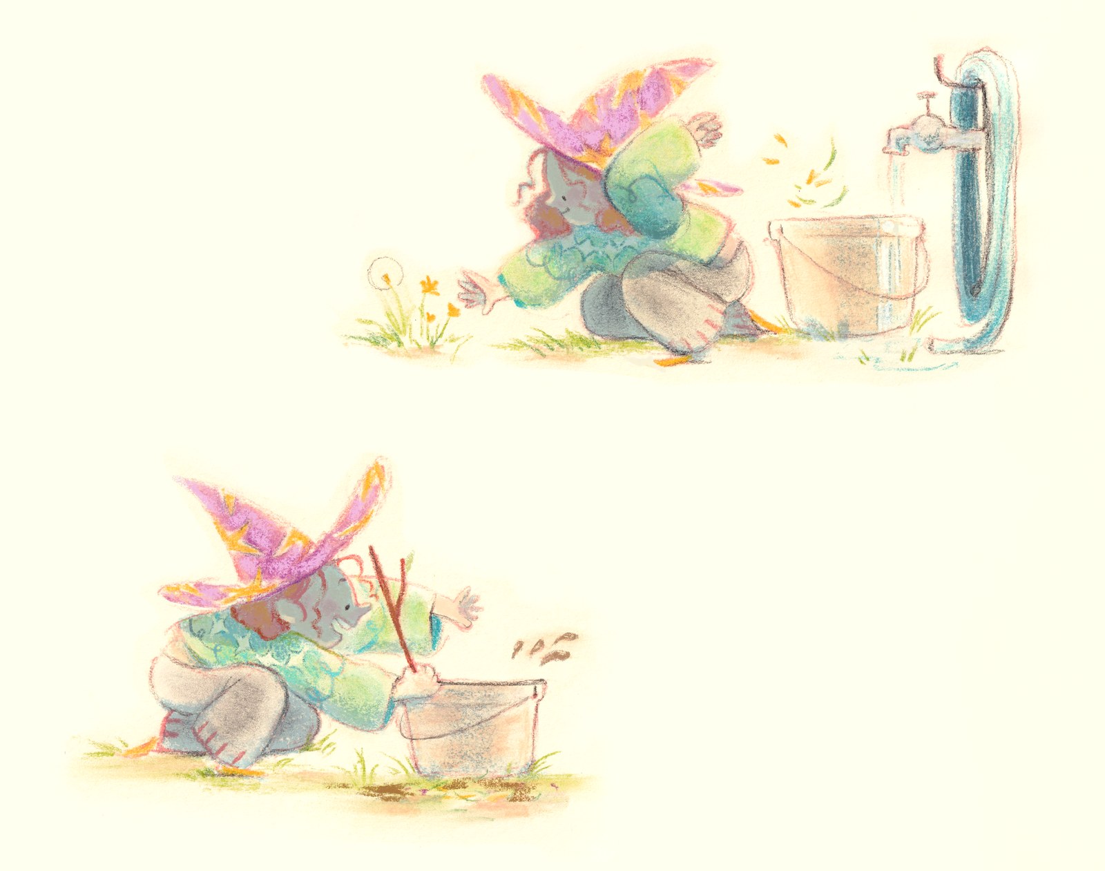 Pastel sketches of a child in a pointed hat filling a bucket with water