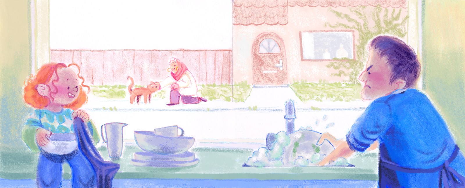 Child and adult washing up together at a large kitchen window